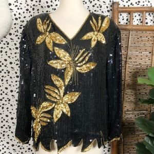 Vintage | Royal Feelings Black Gold Floral Sequin Silk Blouse Top XL